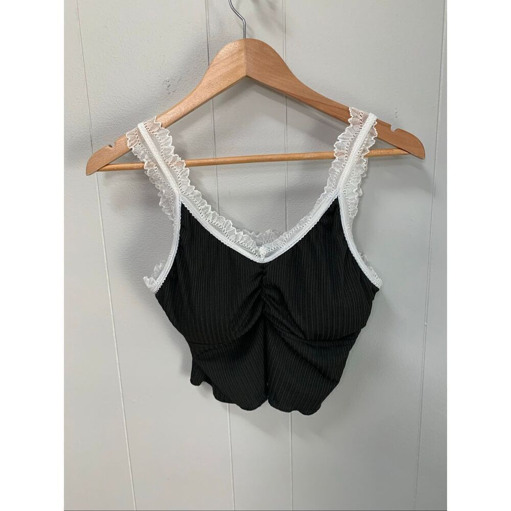 Black with White Lace Crop Top Large